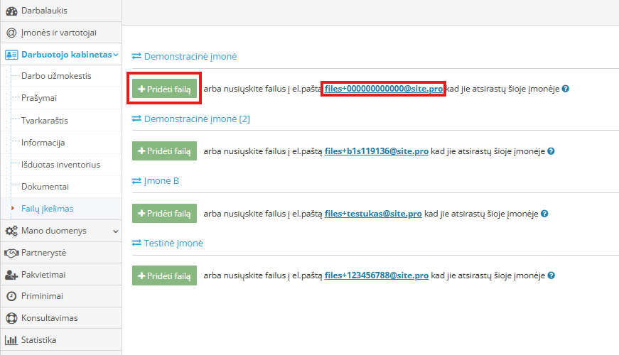 Failų įkėlimo langas darbuotojo kabinete